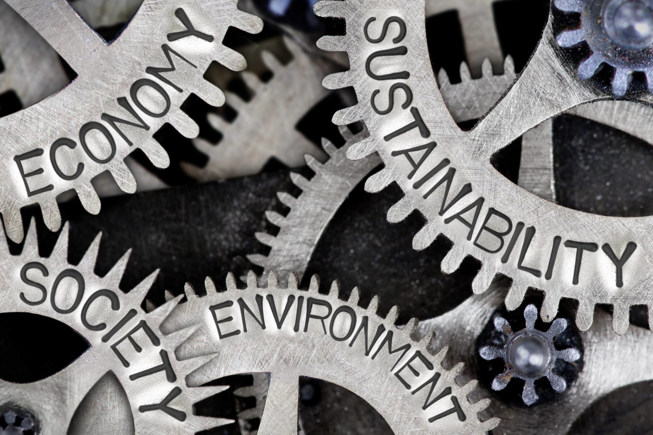 Close-up of cogs with the words Economy, Sustainability, Society, and Environment