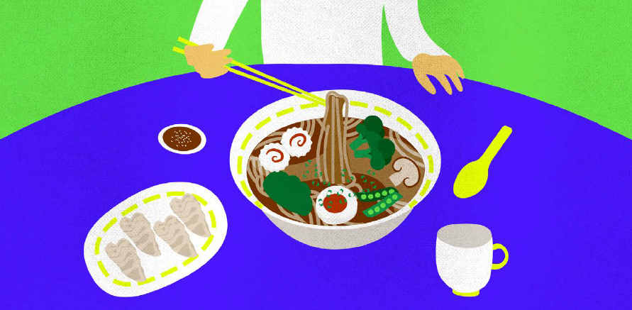 Animated image of a person sitting at a table, eating ramen