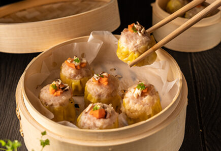 Shiok Meats Shrimp Dumpling in a steamer basket